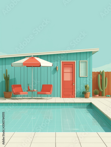 Flat vector style illustration of a mid-century modern poolside lounge with a coral door cabana, orange striped umbrella, and lounge chairs against a teal sky.