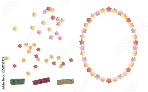 Collection of real flower-shaped confetti arranged as decorative frames, borders, and scattered overlay compositions. Features colorful floral confetti pieces in soft pastel tones together with decor
