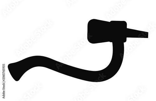Vintage black silhouette of a cooper's adze tool with a curved blade and long wooden handle used in traditional barrel‑making