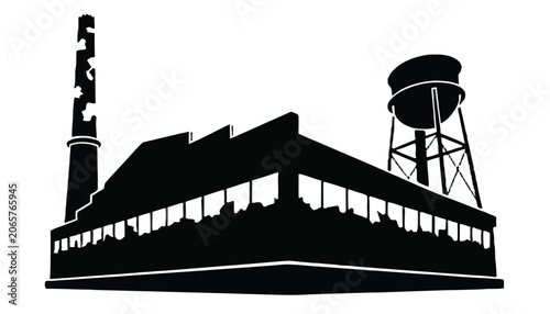 Flat black vector silhouette of an abandoned factory with broken windows, a water tower, and a crumbling smokestack for post‑industrial landscape designs.