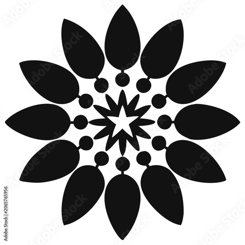 Intricate black and white vector mandala featuring layered concentric circles with interlocking floral petals and geometric star shapes.