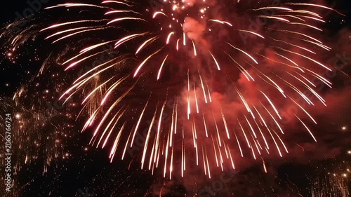 Vibrant fireworks explode in dark night sky during festive celebration, symbolizing joy and patriotic spirit on Independence Day.