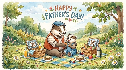 Happy Father's Day badger family picnic in a beautiful meadow