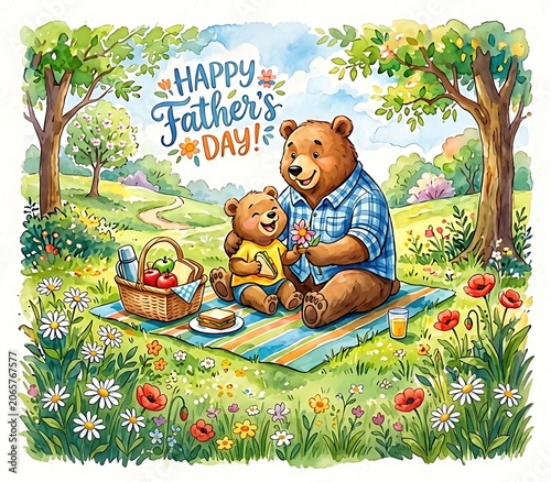 Happy Father's Day illustration of bear and cub on picnic