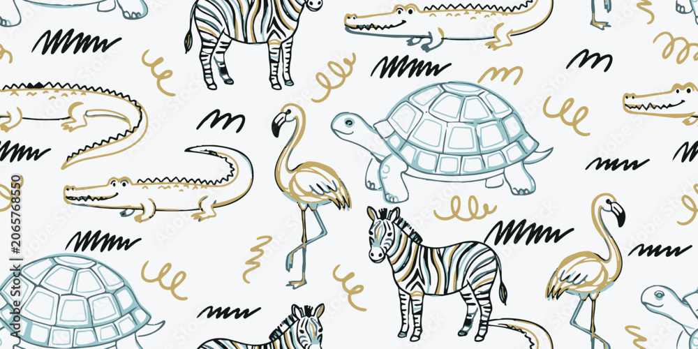Obraz premium Hand-drawn seamless pattern featuring cute zebras, turtles, flamingos, and crocodiles on a light background. Perfect for kids textile and nursery.