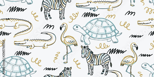 Hand-drawn seamless pattern featuring cute zebras, turtles, flamingos, and crocodiles on a light background. Perfect for kids textile and nursery.