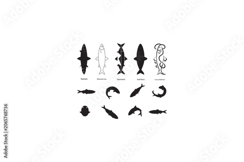 Vector silhouettes of silverside fish, diverse artistic styles from realistic to abstract, pure black shapes, isolated on a stark white background, clean lines, set of multiple fish designs..eps