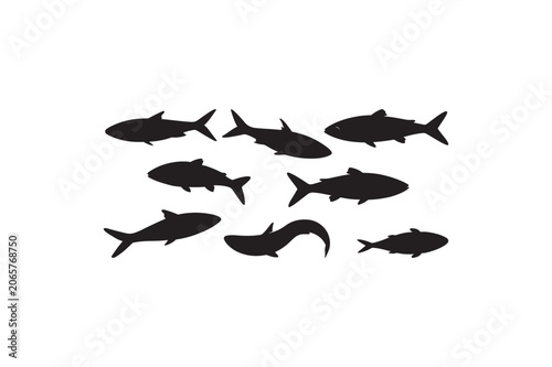 A collection of silverside fish silhouettes in various styles, vector art, solid black color, clean white background, minimalist design, different swimming poses, high detail, graphic asset sheet.eps