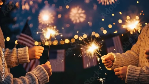 Children hold bright sparklers as spectacular fireworks illuminate night sky during United States Independence Day celebration.