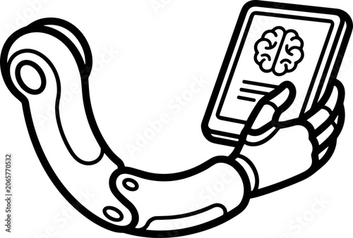 Robotic Hand Holding Smartphone with Brain Icon, Artificial Intelligence Concept