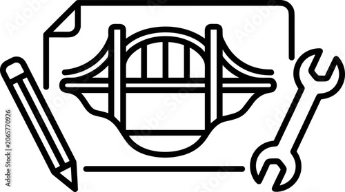 Bridge blueprint with tools, symbolizing engineering and construction projects.