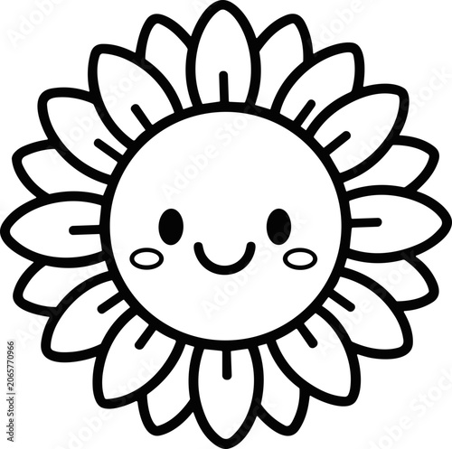 Cute Cartoon Sunflower Face with Happy Smile - Black and White Outline