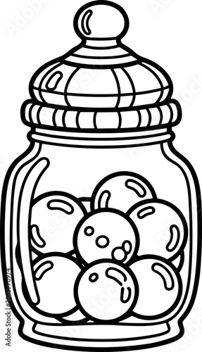 Hand-drawn Glass Jar Filled with Round Candies, Outline Illustration