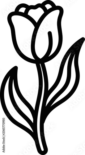 Simple outline drawing of a tulip flower with two leaves on a white background