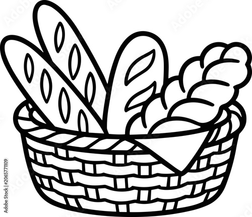 Hand-drawn basket of assorted bread, baguette, braided loaf, bakery, simple line art