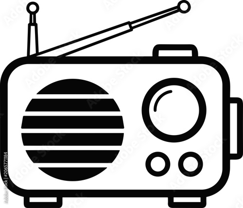Retro radio icon, vintage broadcast receiver, simple line art illustration