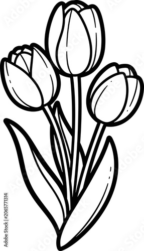 Simple line art drawing of three tulip flowers with leaves, isolated on white background.