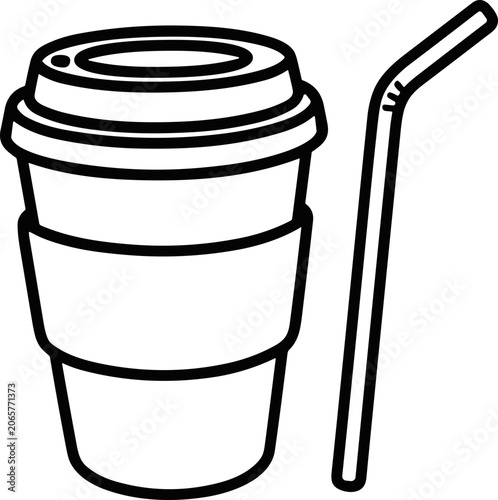 Simple black and white line drawing of a disposable coffee cup with lid and straw.