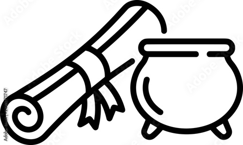Obraz na plátně Ancient Scroll and Cauldron Icon for Magic, Alchemy, and Wizardry Concepts