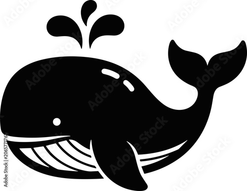 Billede på lærred Black silhouette of a humpback whale breaching and spouting water, isolated on w