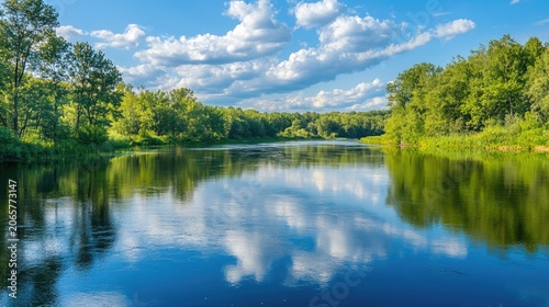 A wide river with calm, crystal-clear water reflecting the trees and sky around it