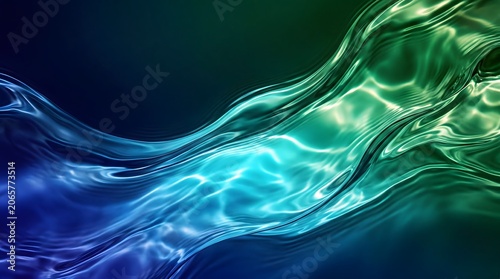 Vibrant abstract liquid waves flowing with deep blue and emerald green hues create dynamic energy while light reflections shimmer across glossy water surfaces in elegant motion.