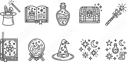 Fotografie Magic and Wizardry Line Icon Set Featuring Spell Book, Potion Bottle, Crystal Ba