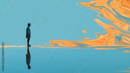 Person standing on pier overlooking calm blue water with sailboat in distance