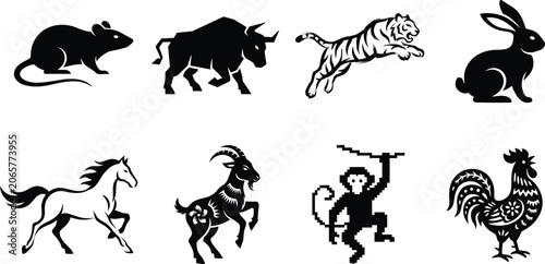 Photography Chinese Zodiac Animal Silhouettes Vector Set Featuring Rat Ox Tiger Rabbit Horse