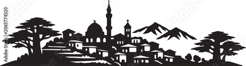 Mountain Village Mosque Skyline Cedar Trees
