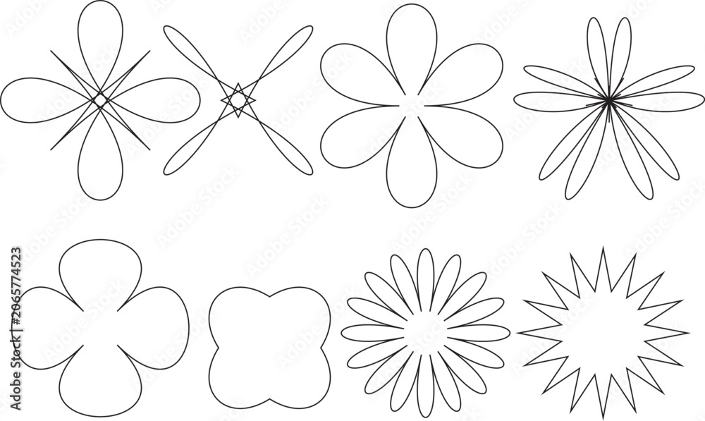 Obraz premium Set Floral and Starburst Line Art Shapes Vector Outline Flower and Decorative Burst Collection.