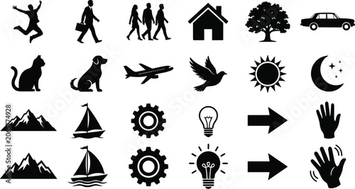 Black Silhouette Icon Set with People Animals Nature and Object Symbols