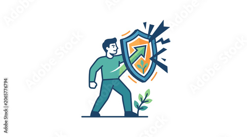 Cuadro en lienzo Man defending with shield against arrows, symbol of protection, security, resili