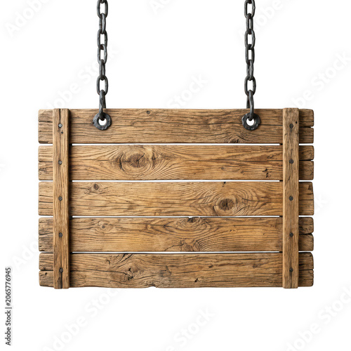 Large wooden sign with metal frame and chains isolated on transparent