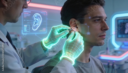 Medical Professional with Futuristic Augmented Reality Gloves Examines Patient's Ear in High-Tech Clinic with Holographic Display of Auditory System
