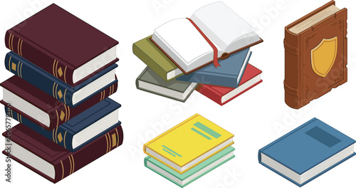 Cuadro en lienzo Isometric Book Vector Set with Hardcover Book Stacks Open Literature Novel and F