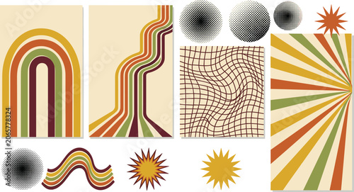 Φωτογραφία Retro 70s Groovy Poster Design Element Vector Set with Sunburst Stripes Wavy Rai