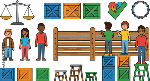 Equality Equity and Inclusion Concept Vector Illustration Set with Diverse People Scales Wooden Crates and Fence Elements