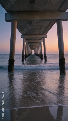Pier perspective at sunrise, ocean waves gently lapping shore beneath concrete pilings, soft pastel sky reflecting on wet sand, symbolizing tranquility and passage