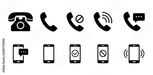 Mobile Communication and Telephone Contact Icons Set – Call, Message, Ringing, phone, telephone, mobile,  Accepted and Rejected Call Vector Collection