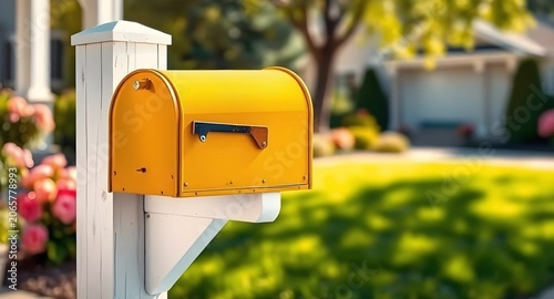 classic yellow metal mailbox on white post in a sunny suburban front yard
