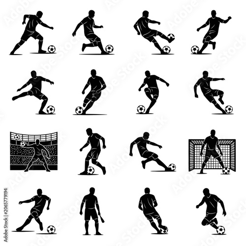 Collection of soccer player silhouettes in action.