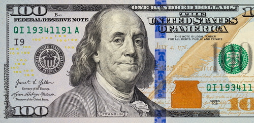 Fotografie portrait of Benjamin Franklin on the US 100 dollar bill