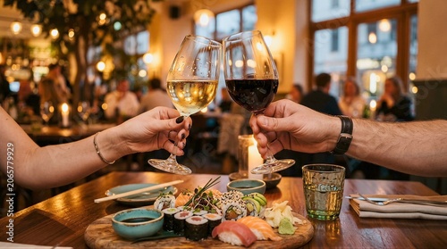 Couple toasting with wine glasses over sushi and Japanese dishes at a fine dining restaurant