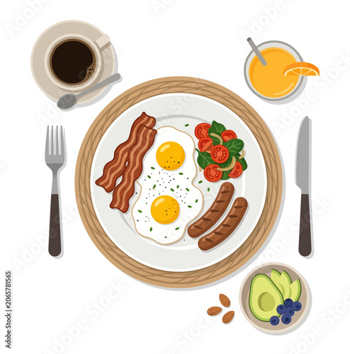 Hearty Breakfast Plate Fried Eggs Bacon Sausages Salad Coffee Orange Juice Flat Lay Perfect for Food Blogs Menus