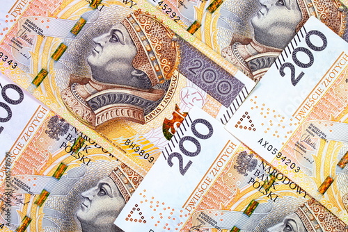 Obraz na plátně Multiple 200 Polish Zloty banknotes with portrait of King Sigismund I the Old