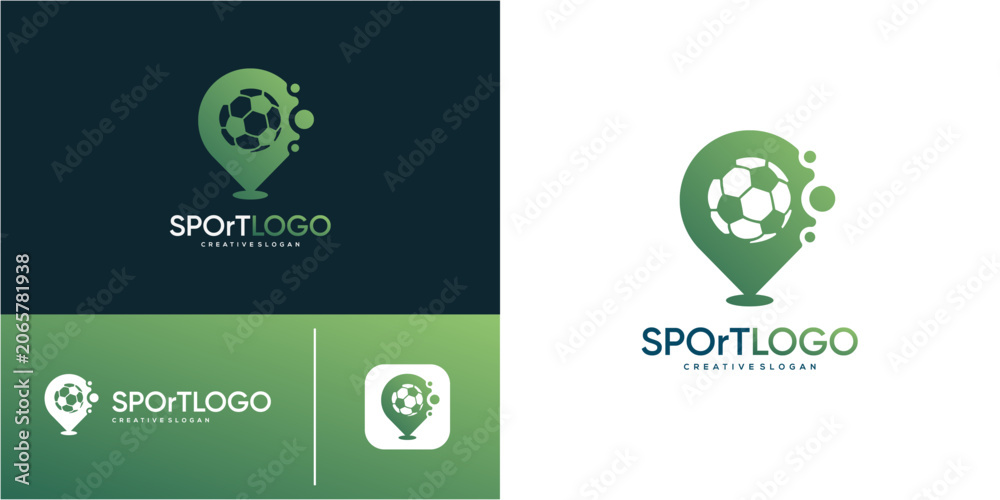 Obraz premium Soccer football with pin map point location for sport logo design idea. Geometric abstract vector icon green gradient.