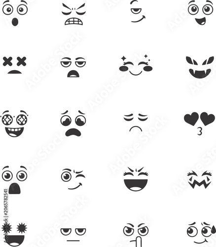Cute Emoji Facial Expression Vector Set, Cartoon Emoticon Faces Collection, Funny Smiley Icons Pack with Happy, Sad, Angry , Surprised, Wink, Love, Laughing Expressions