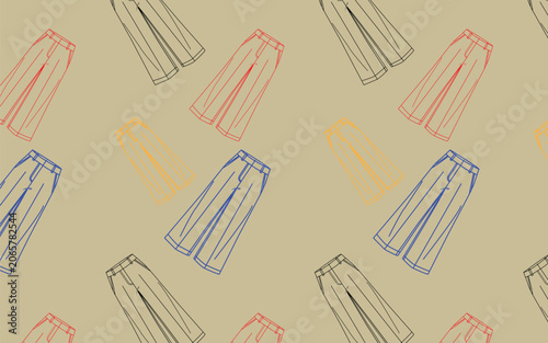 Seamless pattern with handdrawn fashion illustration of wideleg trousers stylish clothing design, trendy apparel sketch, repeating background for textile, fabric, wallpaper, wrapping paper