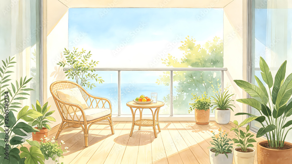 Fototapeta premium Summer home balcony hand drawn illustration background